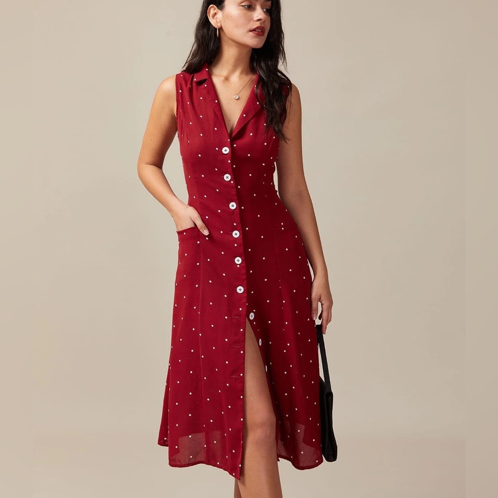 Rihoas Red V Neck Polka Dot Tie Back Midi Dress